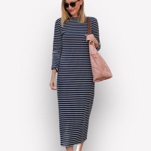 🇪🇸🥑NWT Nordstrom 1901 Norah striped midi dress slim long sleeve navy white XS